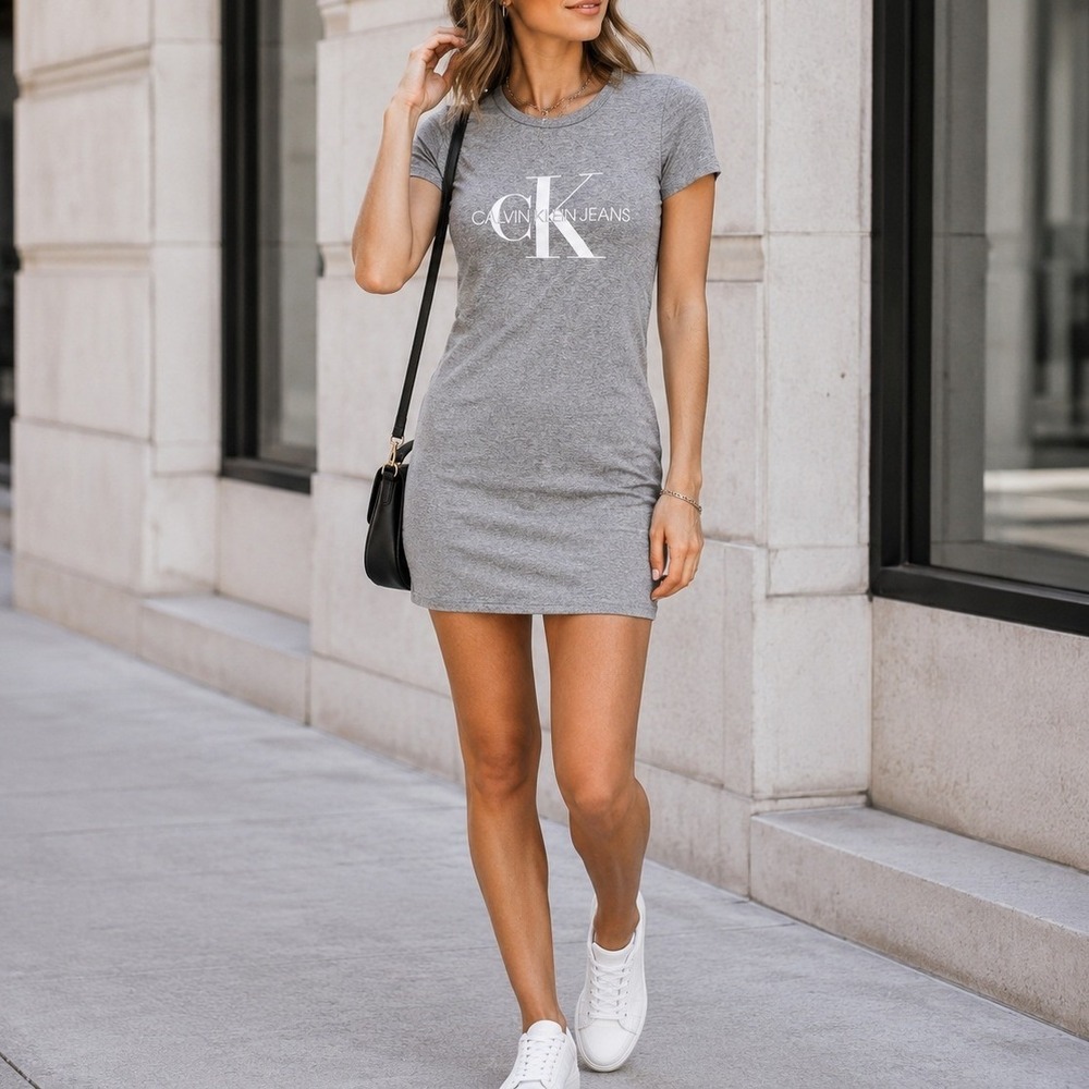 Calvin Klein Jeans Logo T-Shirt Dress Gray Short Sleeve Small Model Off Duty